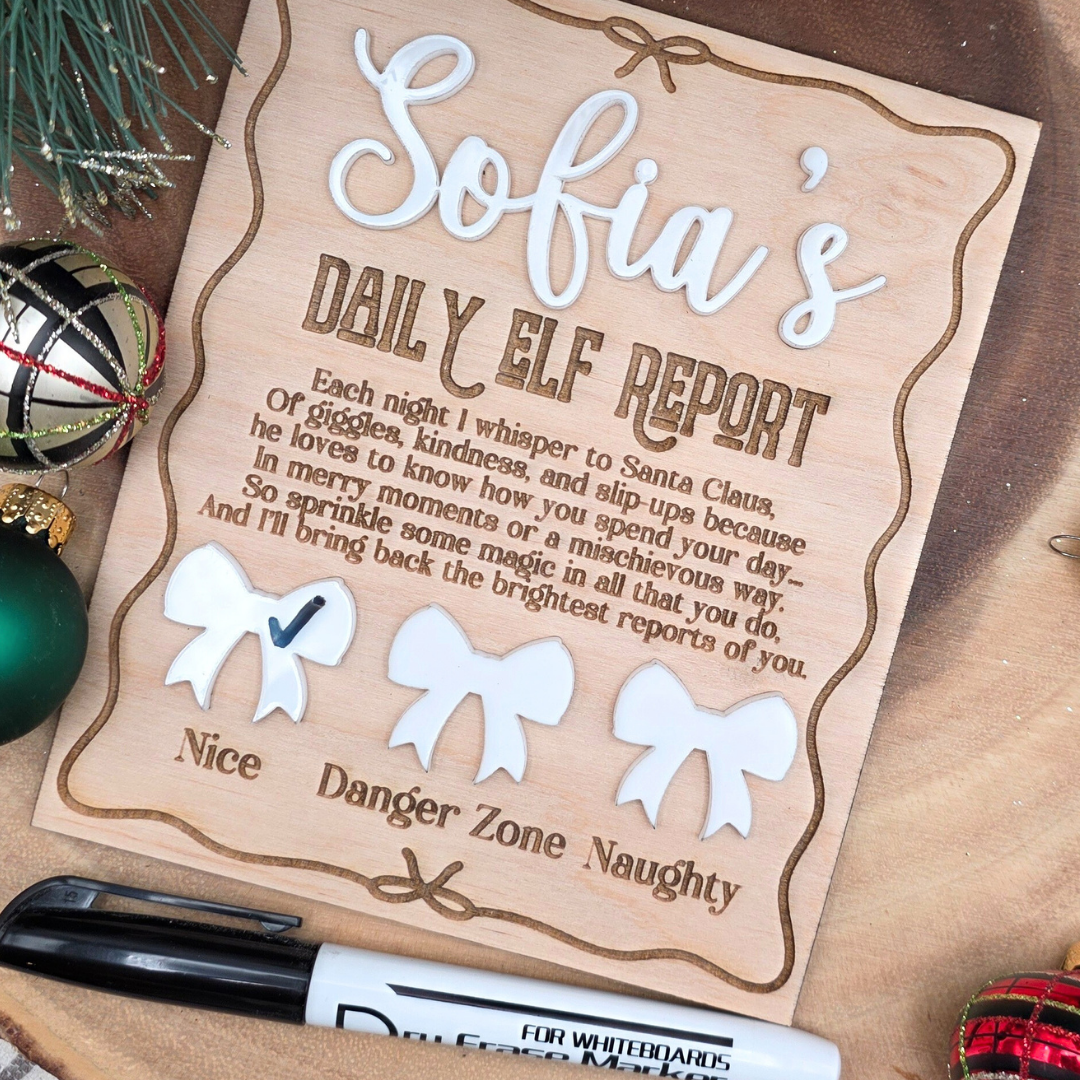 Personalized Elf Daily Report Board - Coquette Bow Design - Reusable Dry Erase Report Card