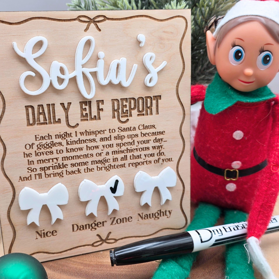 Personalized Elf Daily Report Board - Coquette Bow Design - Reusable Dry Erase Report Card