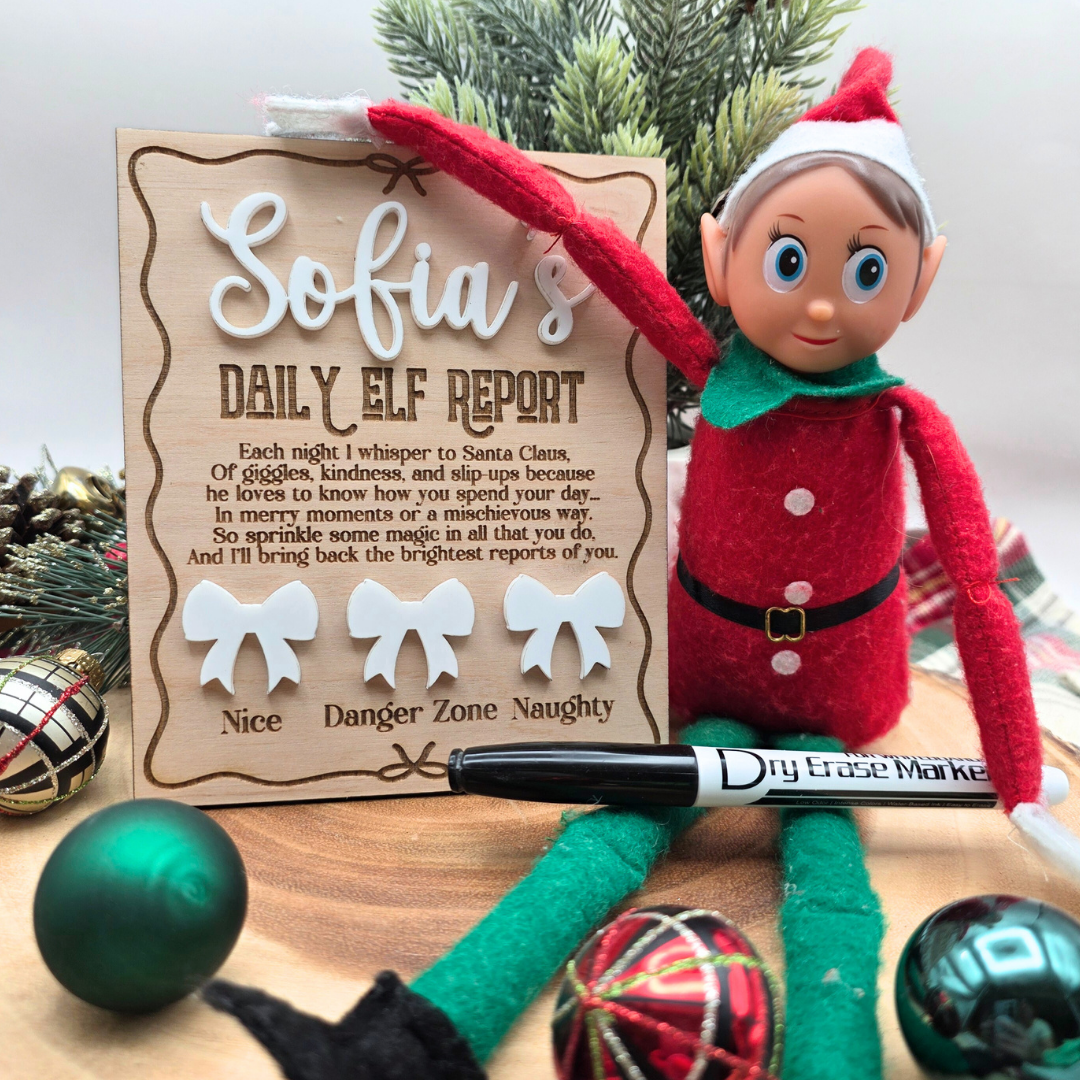 Personalized Elf Daily Report Board - Coquette Bow Design - Reusable Dry Erase Report Card