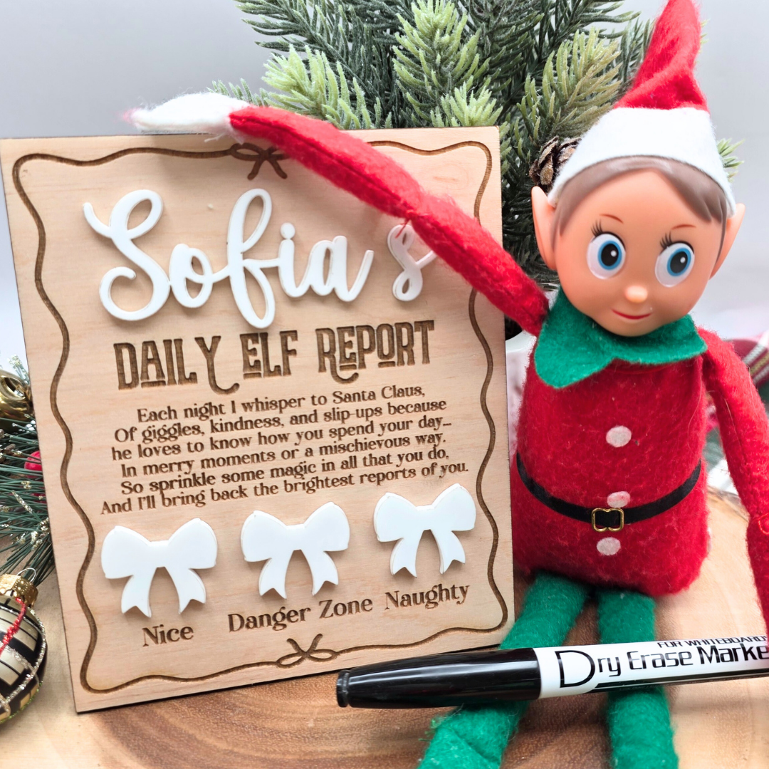 Personalized Elf Daily Report Board - Coquette Bow Design - Reusable Dry Erase Report Card