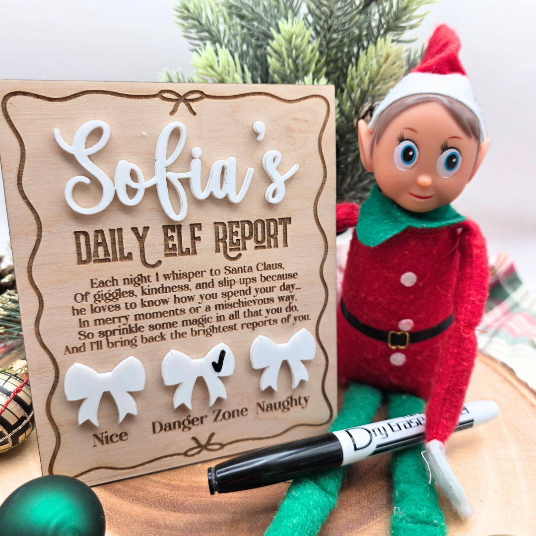 Personalized Elf Daily Report Board - Coquette Bow Design - Reusable Dry Erase Report Card
