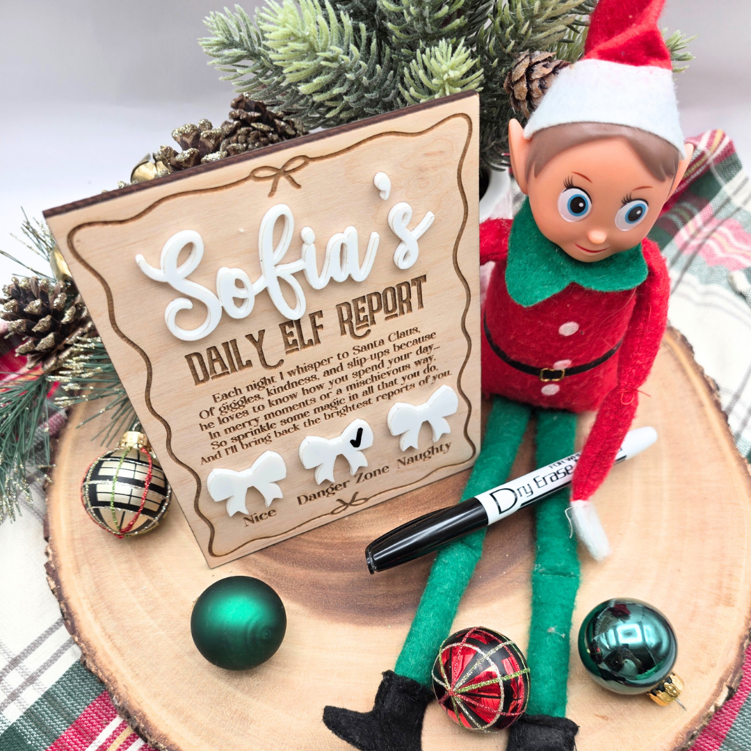 Personalized Elf Daily Report Board - Coquette Bow Design - Reusable Dry Erase Report Card