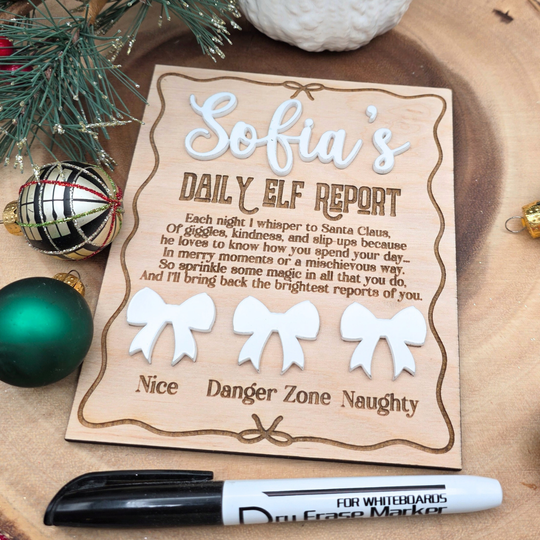 Personalized Elf Daily Report Board - Coquette Bow Design - Reusable Dry Erase Report Card