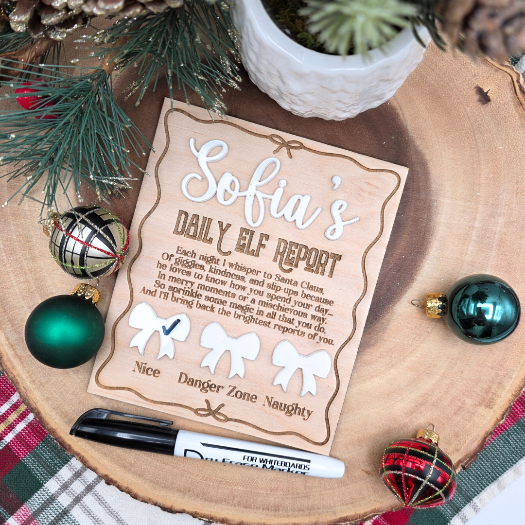 Personalized Elf Daily Report Board - Coquette Bow Design - Reusable Dry Erase Report Card