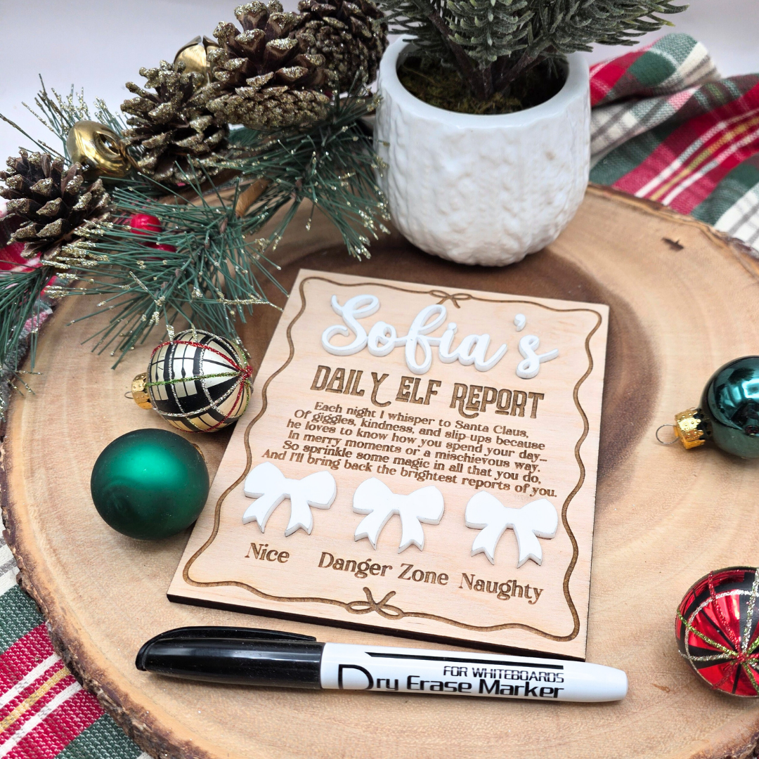 Personalized Elf Daily Report Board - Coquette Bow Design - Reusable Dry Erase Report Card