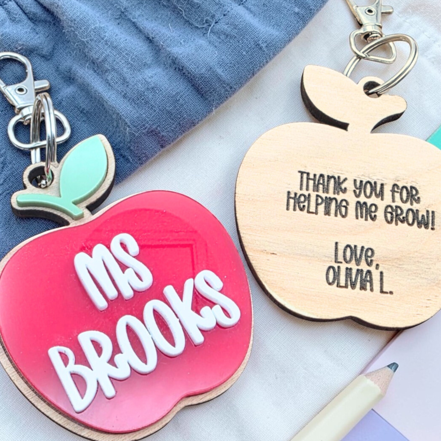Teacher Apple Bag Tag, - Personalized Acrylic Wood Keyring Acrylic Gift