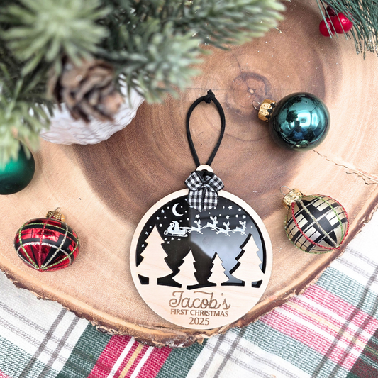 Baby’s First Christmas Ornament - Personalized Santa in the Sky Wood & Acrylic Holiday Keepsake