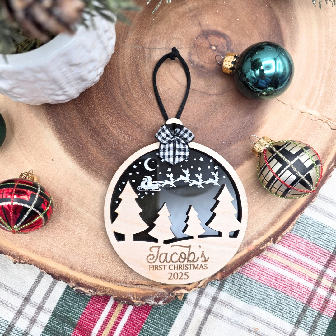 Baby’s First Christmas Ornament - Personalized Santa in the Sky Wood & Acrylic Holiday Keepsake