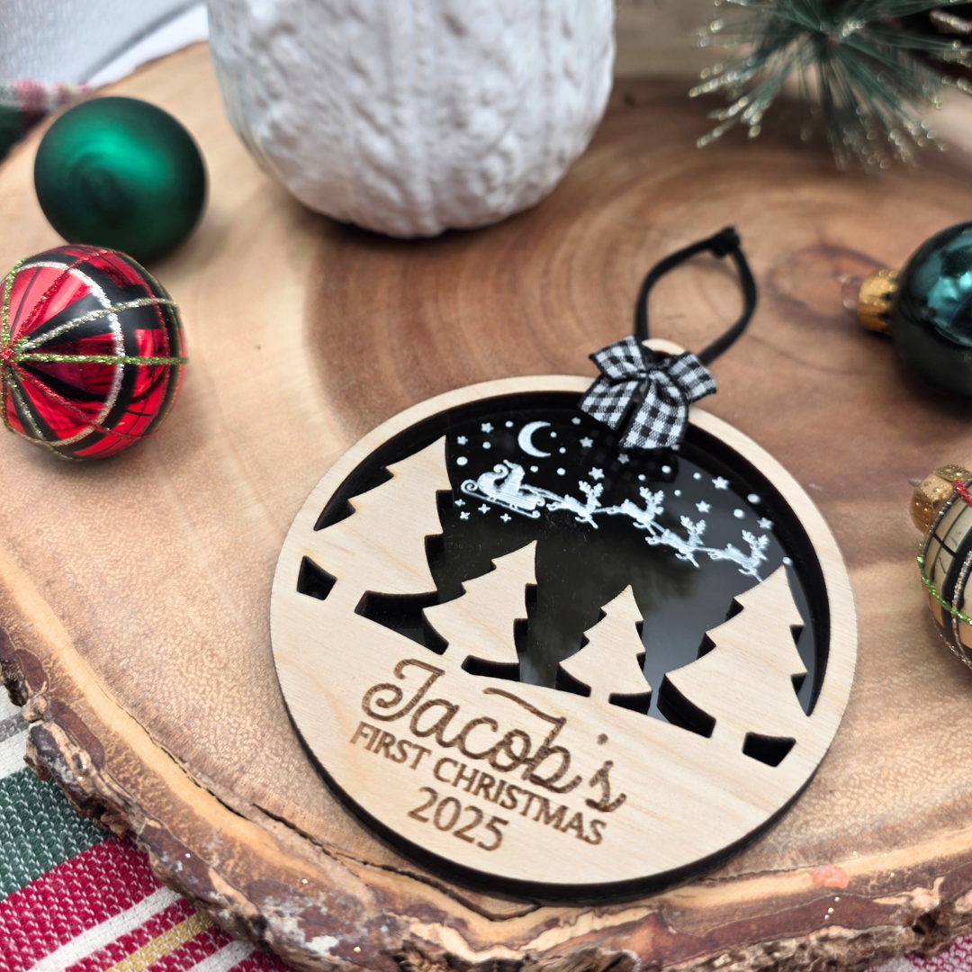 Baby’s First Christmas Ornament - Personalized Santa in the Sky Wood & Acrylic Holiday Keepsake