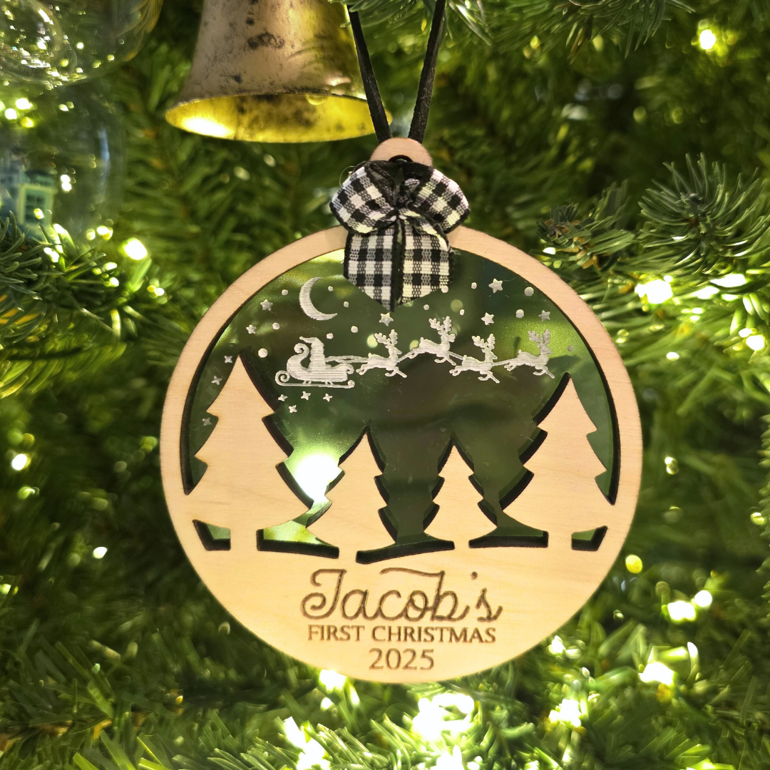 Baby’s First Christmas Ornament - Personalized Santa in the Sky Wood & Acrylic Holiday Keepsake