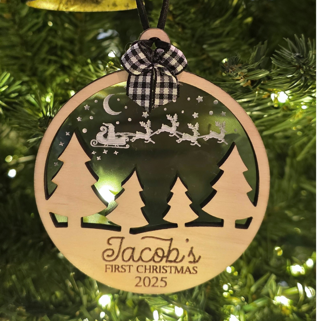 Baby’s First Christmas Ornament - Personalized Santa in the Sky Wood & Acrylic Holiday Keepsake