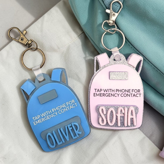 Personalized NFC Emergency Contact Backpack Tag - Custom Safety Keychain for Kids - Tap with Phone - Medical ID + Emergency Info