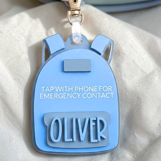 Personalized NFC Emergency Contact Backpack Tag - Custom Safety Keychain for Kids - Tap with Phone - Medical ID + Emergency Info