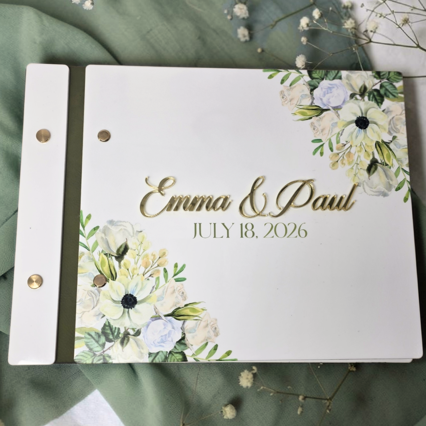 Sage Green Acrylic Wedding Guest Book - Personalized Floral Bridal Keepsake
