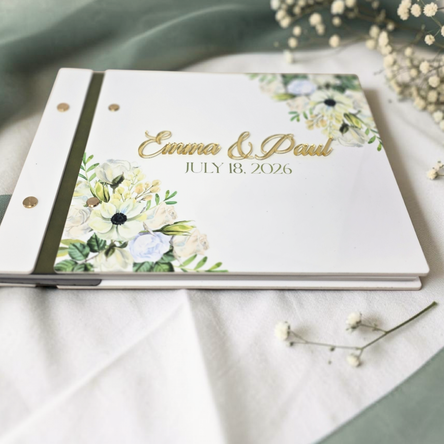 Sage Green Acrylic Wedding Guest Book - Personalized Floral Bridal Keepsake