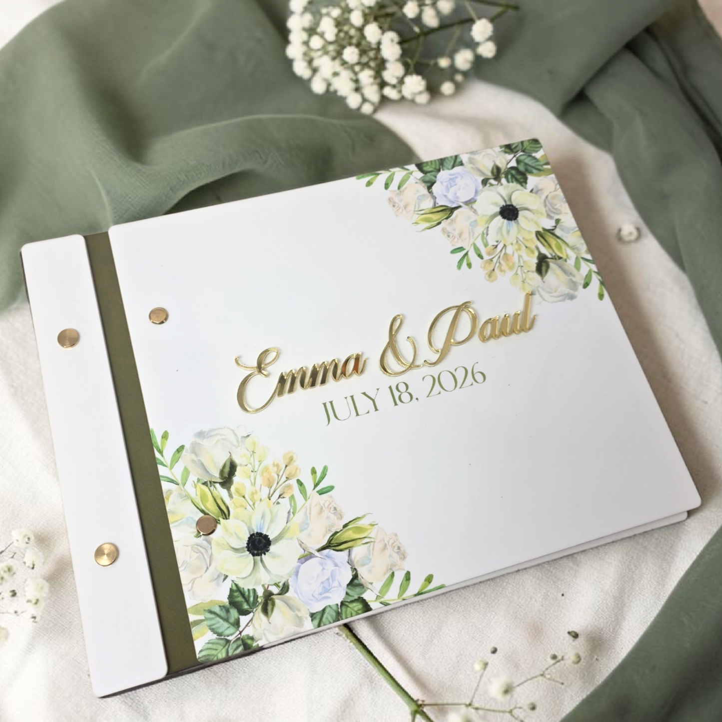 Sage Green Acrylic Wedding Guest Book - Personalized Floral Bridal Keepsake