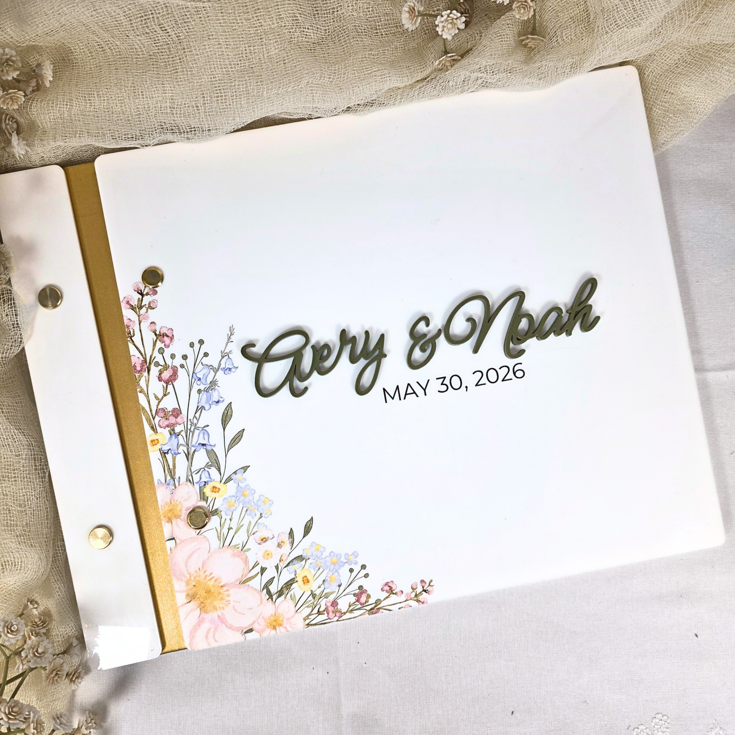 Personalized Acrylic Floral Wedding Guest Book - Custom Heirloom Wildflower Wedding