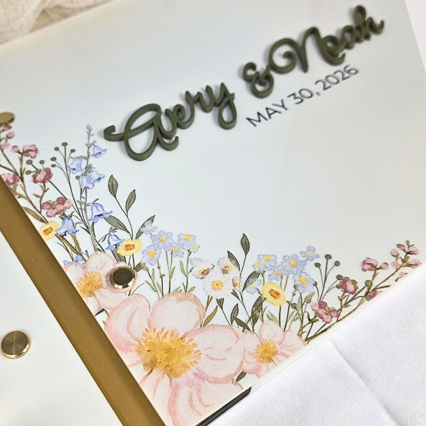 Personalized Acrylic Floral Wedding Guest Book - Custom Heirloom Wildflower Wedding