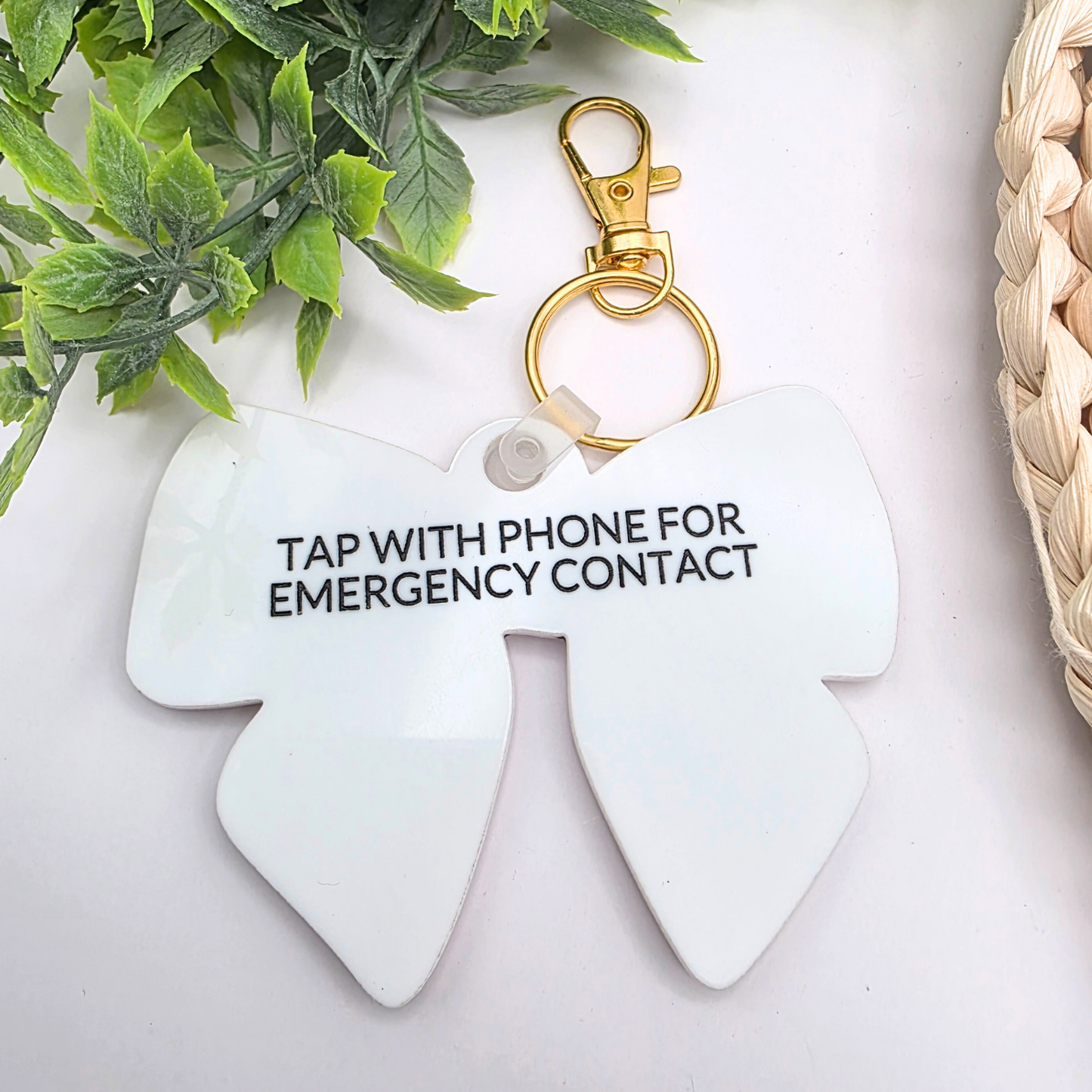 Custom NFC Emergency Contact Bow Tag - Personalized Safety Keychain for Kids & Adults - Tap with Phone Medical ID Acrylic Bag Tag