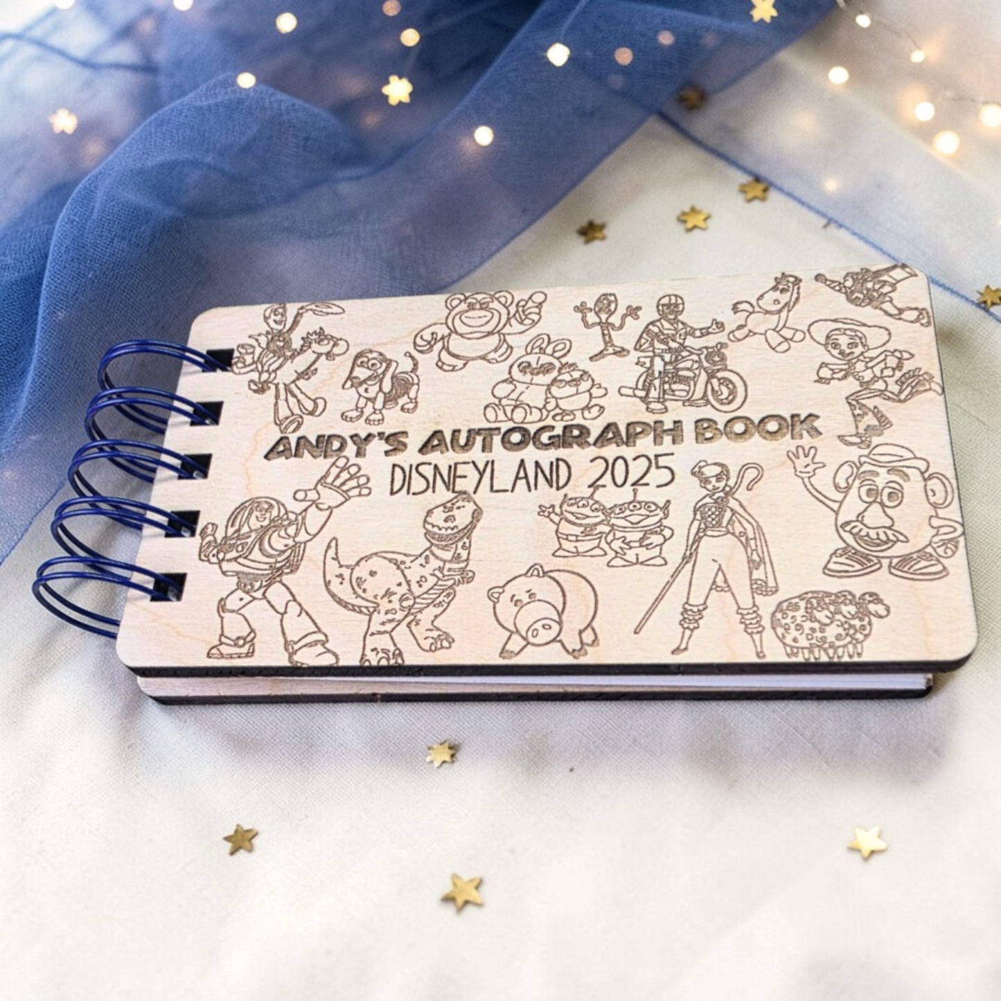 Custom Engraved Toy Friends Wood Autograph Book - Personalized Travel Keepsake Journal