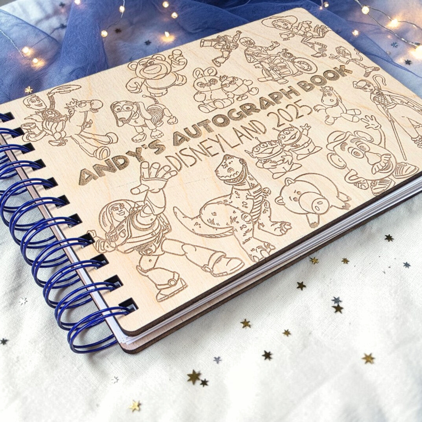 Custom Engraved Toy Friends Wood Autograph Book - Personalized Travel Keepsake Journal
