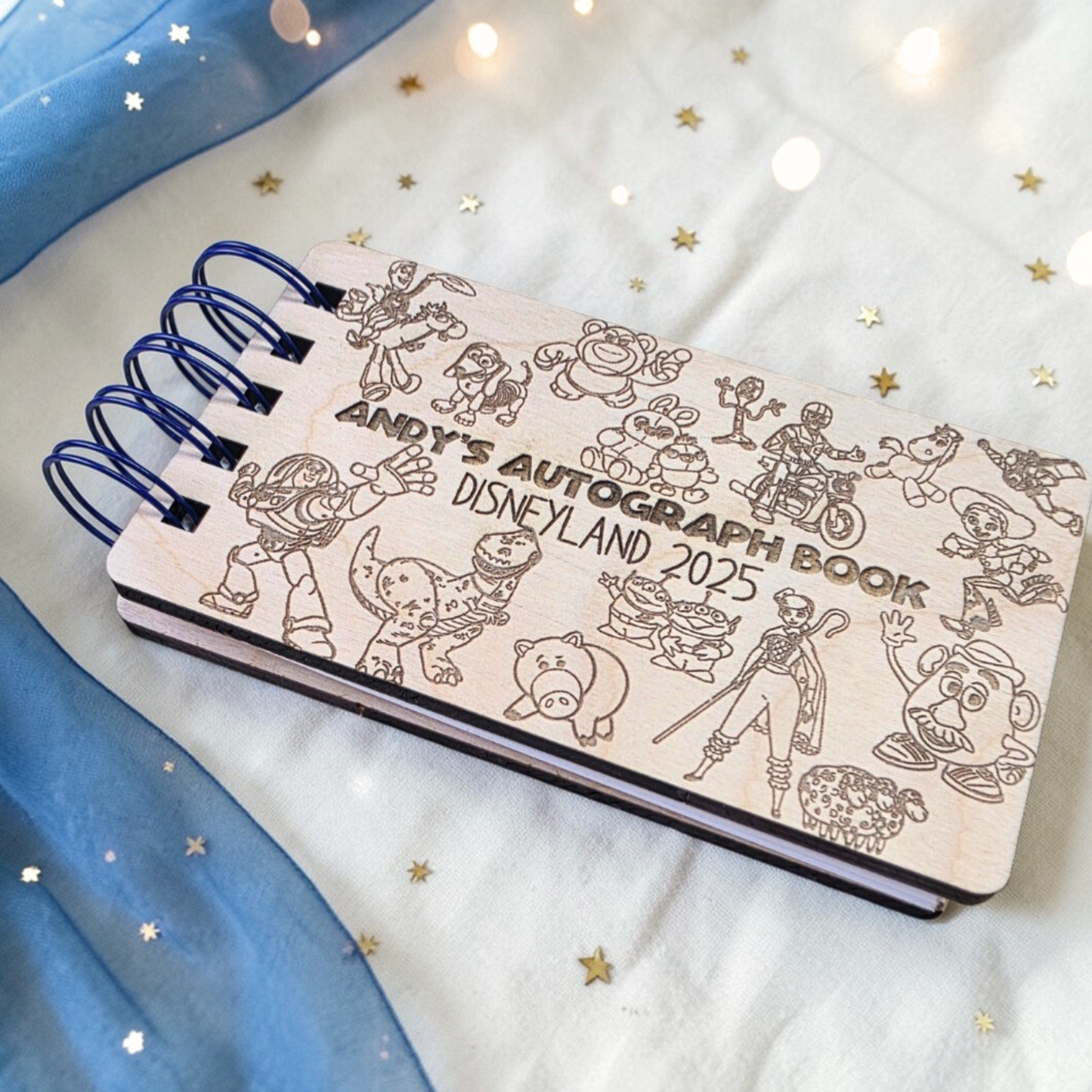 Custom Engraved Toy Friends Wood Autograph Book - Personalized Travel Keepsake Journal