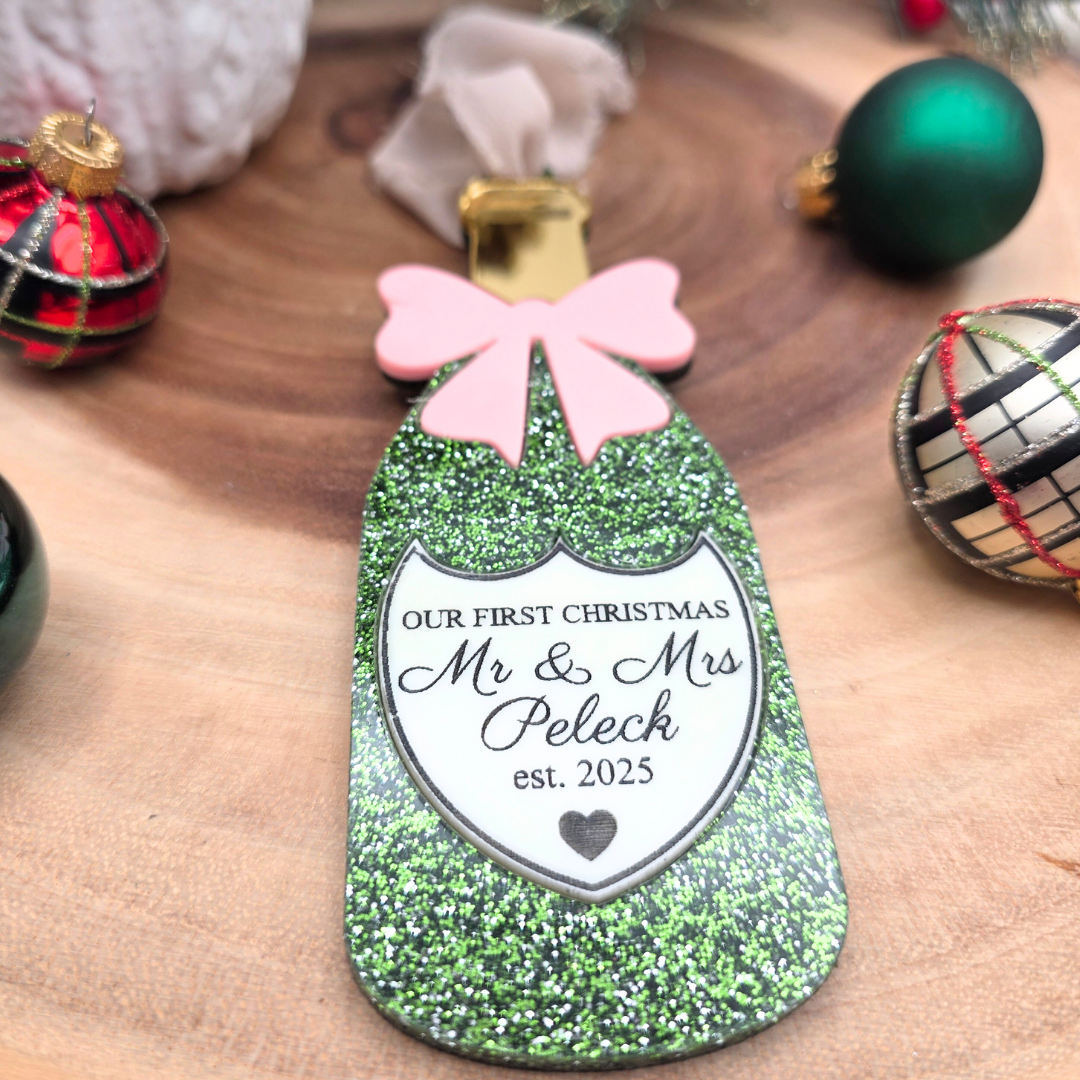 Personalized “Our First Christmas as Mr & Mrs” Champagne Bottle Ornament - Newlywed Gift