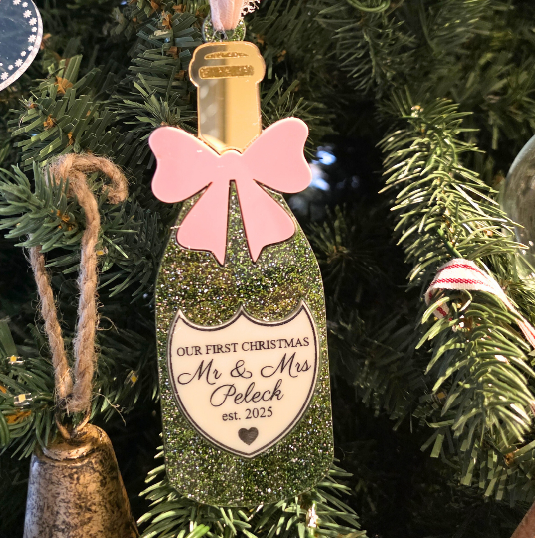 Personalized “Our First Christmas as Mr & Mrs” Champagne Bottle Ornament - Newlywed Gift