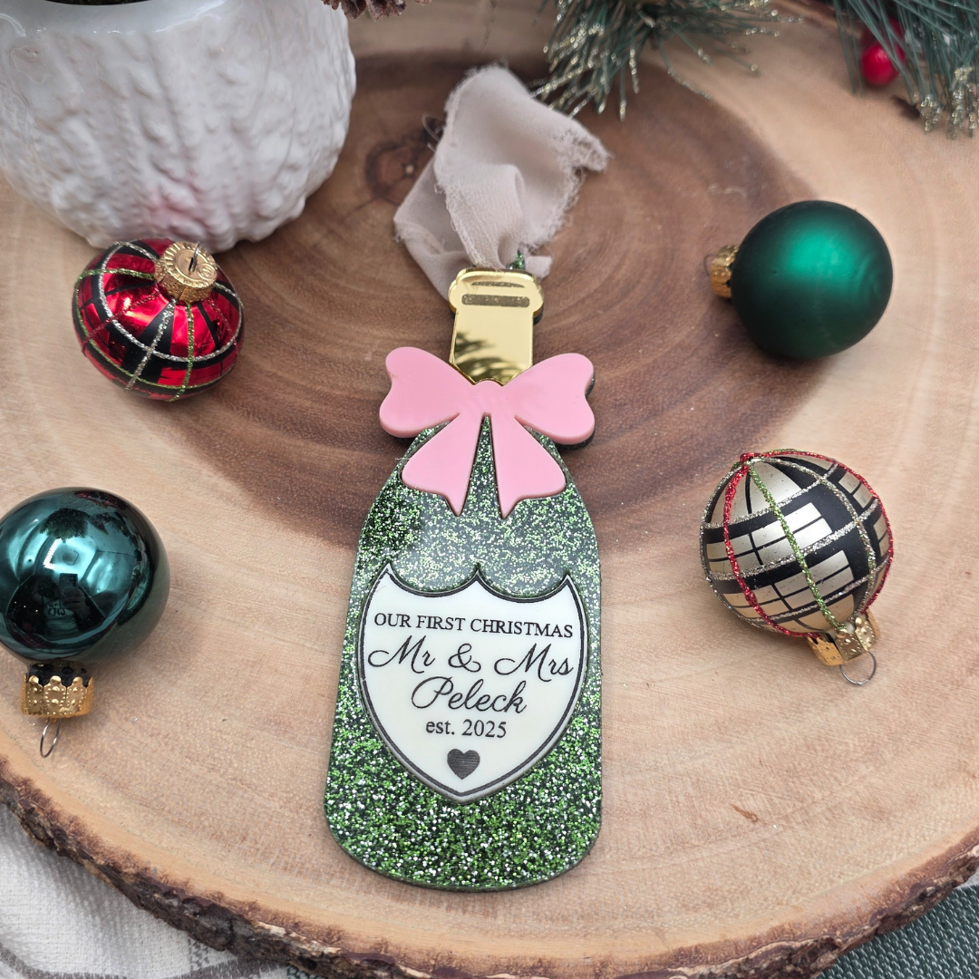 Personalized “Our First Christmas as Mr & Mrs” Champagne Bottle Ornament - Newlywed Gift