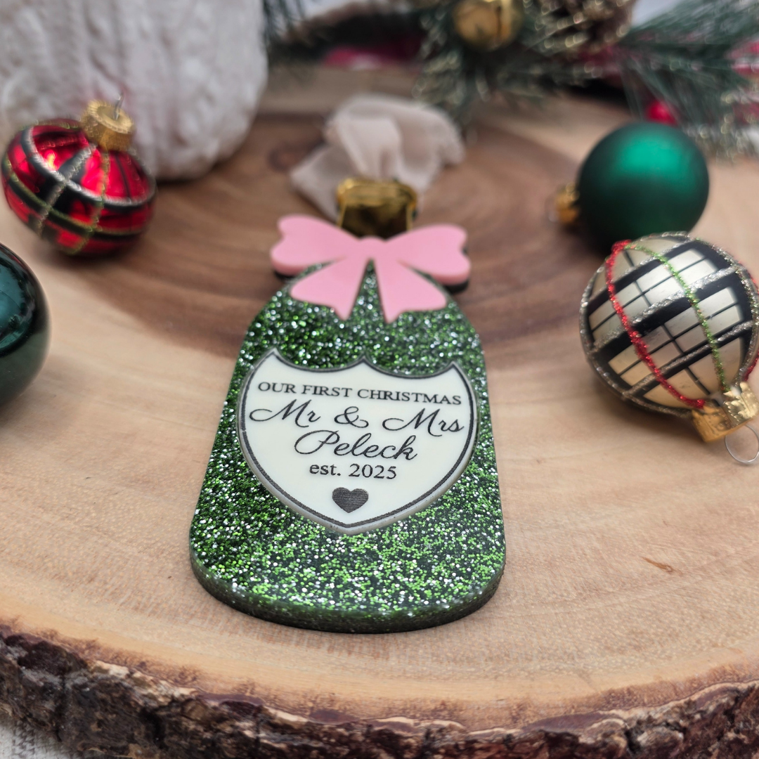 Personalized “Our First Christmas as Mr & Mrs” Champagne Bottle Ornament - Newlywed Gift