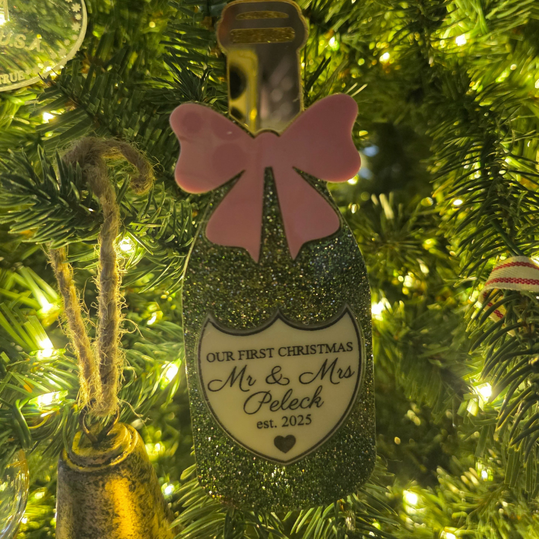 Personalized “Our First Christmas as Mr & Mrs” Champagne Bottle Ornament - Newlywed Gift