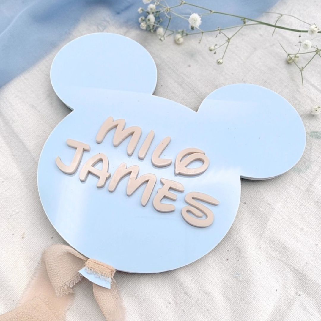 Personalized Acrylic Baby Name Sign - Mouse Ear Nursery Decor Birth Announcement Keepsake