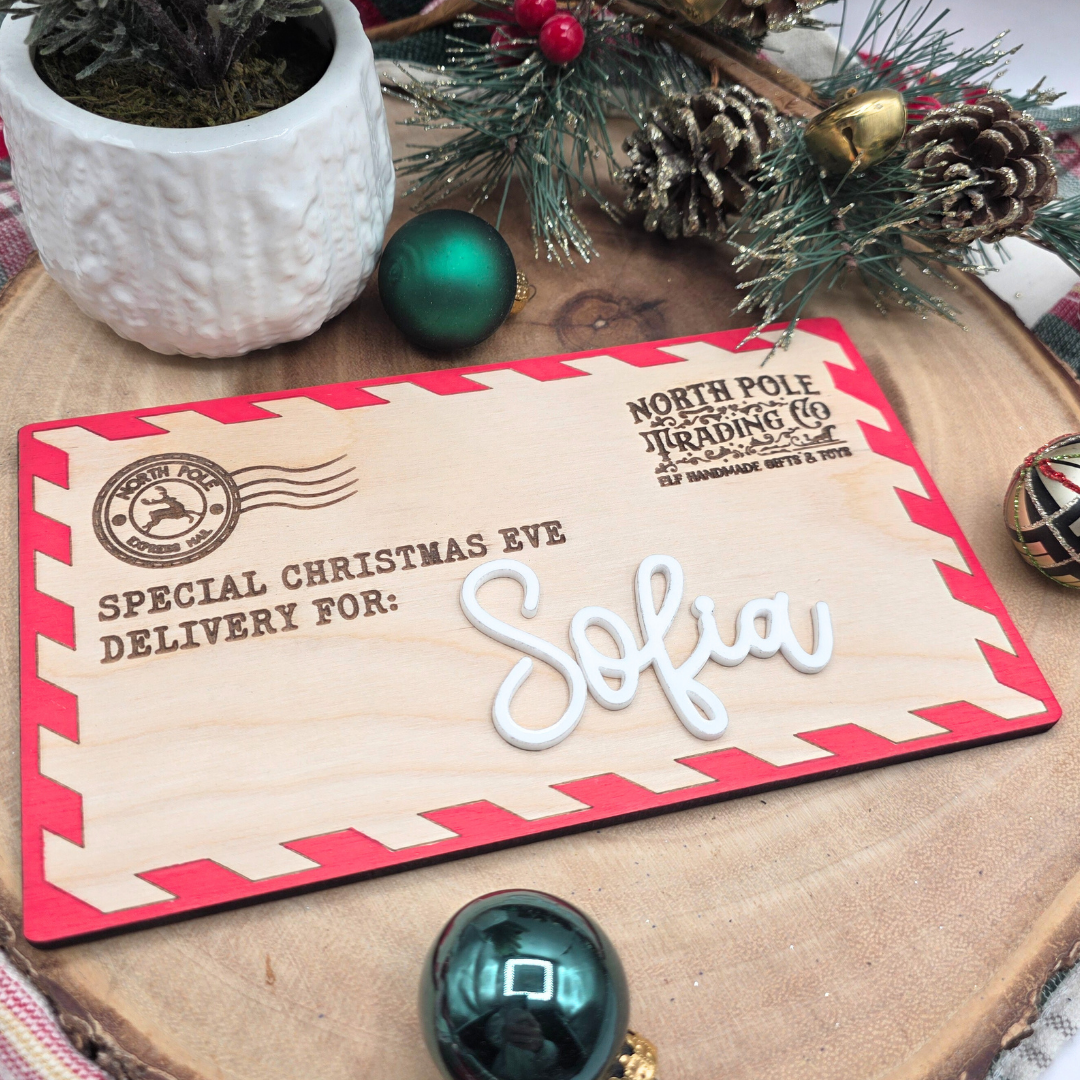 North Pole Mail Christmas Eve Delivery Plaque - Personalized Crate Sign