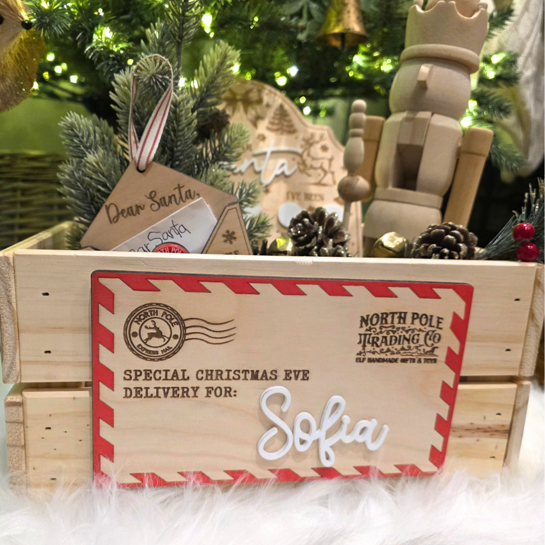 North Pole Mail Christmas Eve Delivery Plaque - Personalized Crate Sign