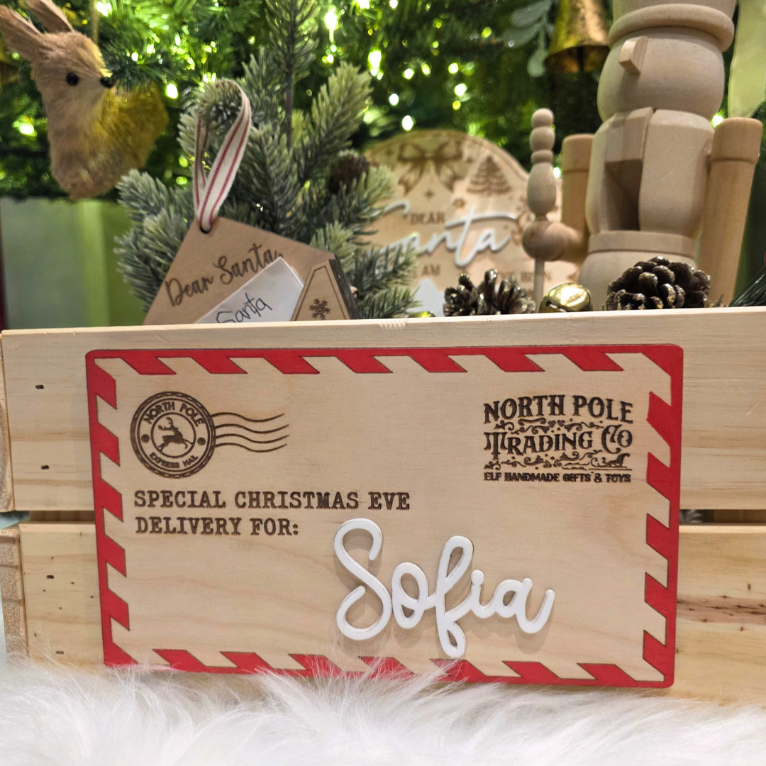 North Pole Mail Christmas Eve Delivery Plaque - Personalized Crate Sign