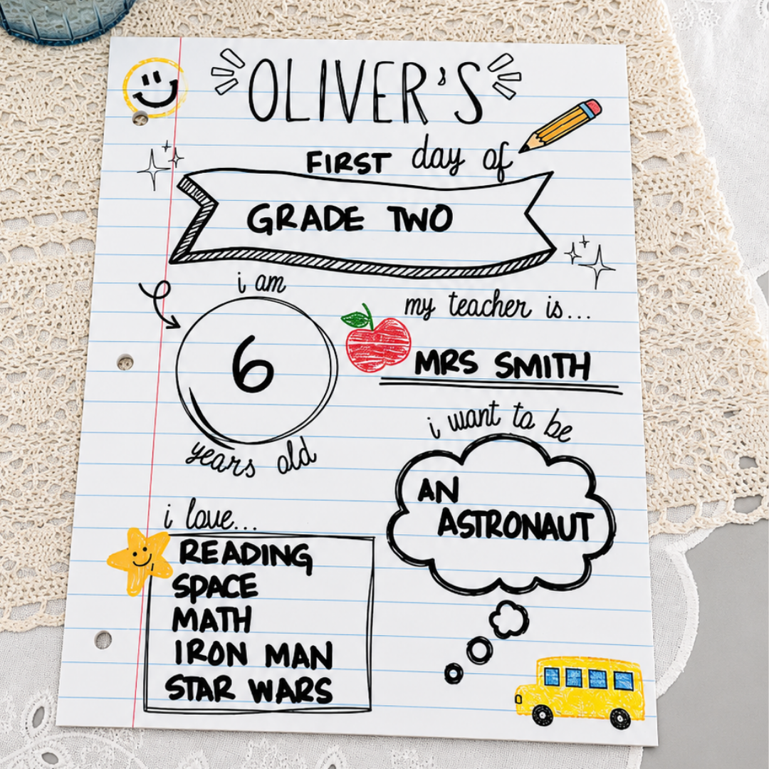 Personalized First Day of School Board - Notebook Doodle School Acrylic Sign - Back to School Photo Prop