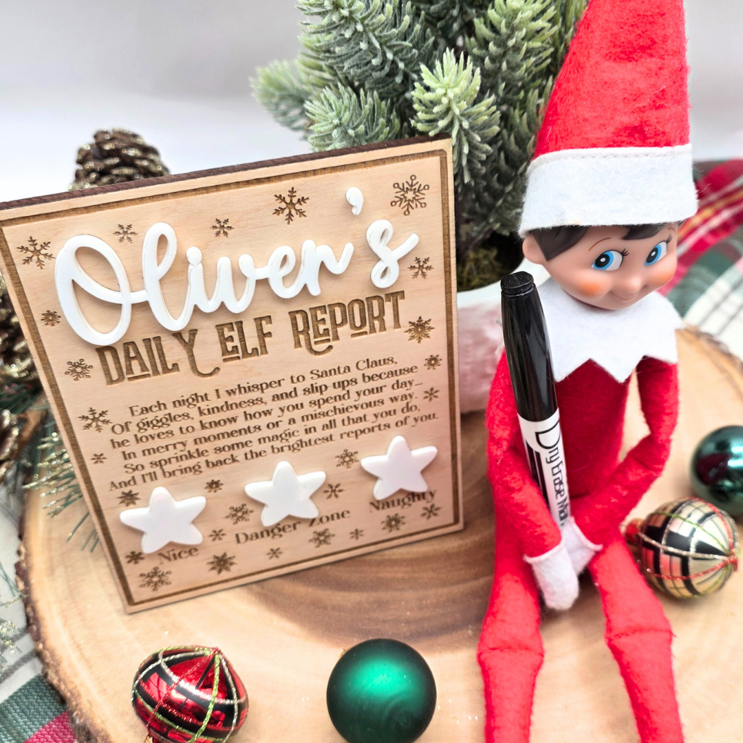 Personalized Elf Daily Report Board – Snowflake & Star Design - Reusable Dry Erase Report Card