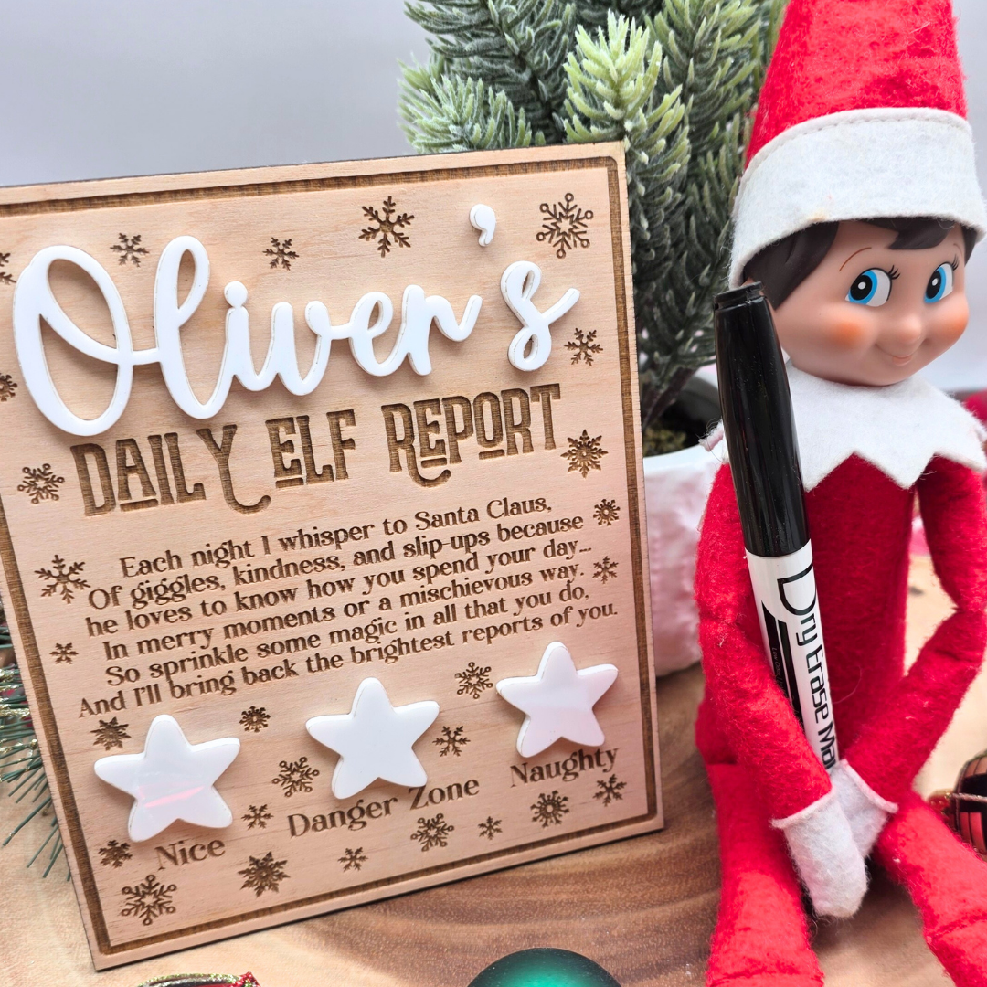 Personalized Elf Daily Report Board – Snowflake & Star Design - Reusable Dry Erase Report Card