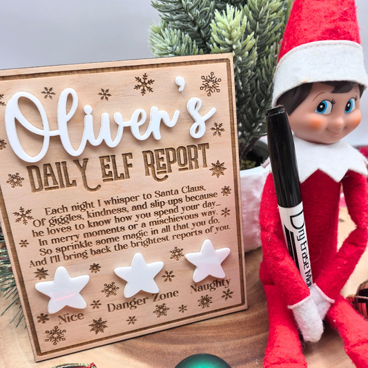 Personalized Elf Daily Report Board – Snowflake & Star Design - Reusable Dry Erase Report Card