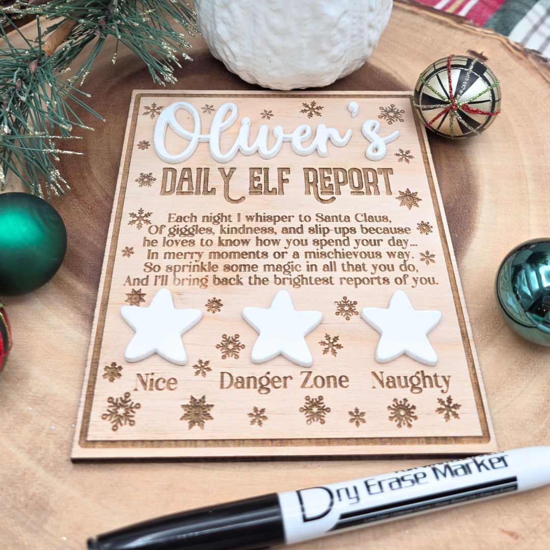 Personalized Elf Daily Report Board – Snowflake & Star Design - Reusable Dry Erase Report Card