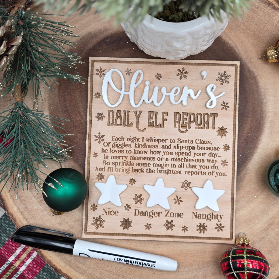 Personalized Elf Daily Report Board – Snowflake & Star Design - Reusable Dry Erase Report Card