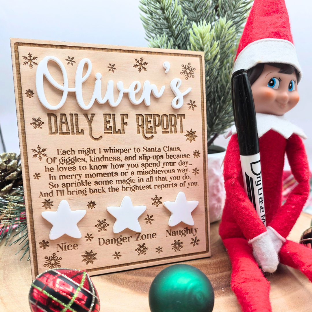 Personalized Elf Daily Report Board – Snowflake & Star Design - Reusable Dry Erase Report Card