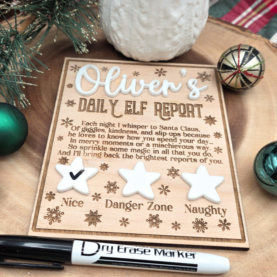 Personalized Elf Daily Report Board – Snowflake & Star Design - Reusable Dry Erase Report Card