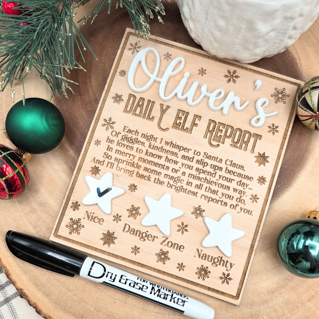 Personalized Elf Daily Report Board – Snowflake & Star Design - Reusable Dry Erase Report Card