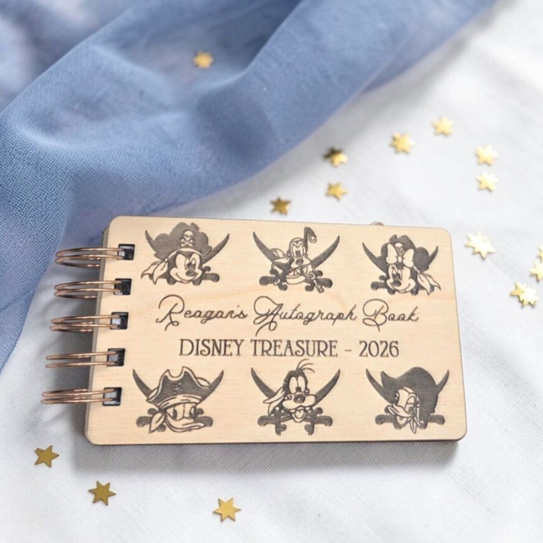 Custom Pirate Autograph Book - Personalized Wooden Travel Memory Book Theme Park Cruise Vacation Gift