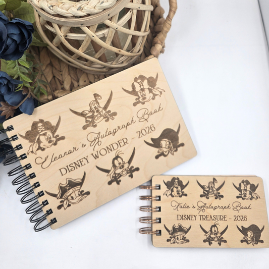Custom Pirate Autograph Book - Personalized Wooden Travel Memory Book Theme Park Cruise Vacation Gift