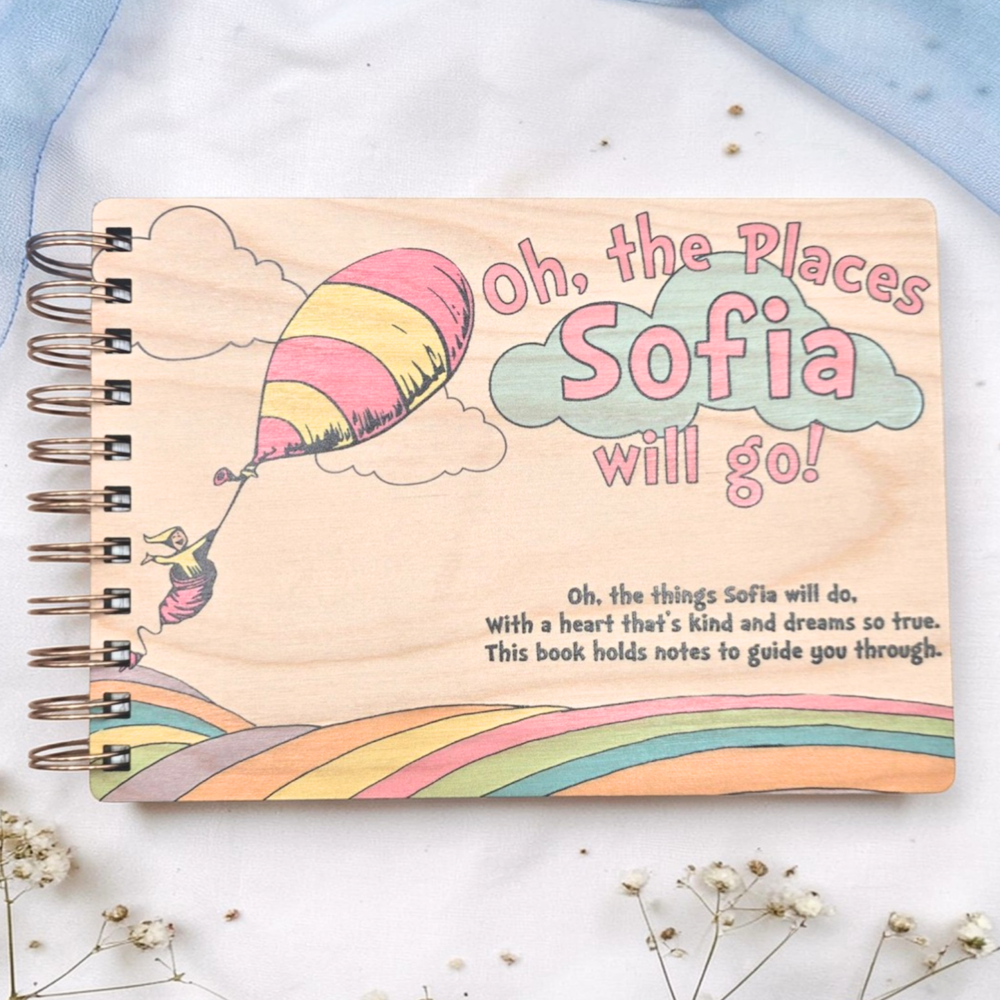 Kids Balloon Memory Book Wood Spiral Keepsake Journal - Personalized Graduation Present