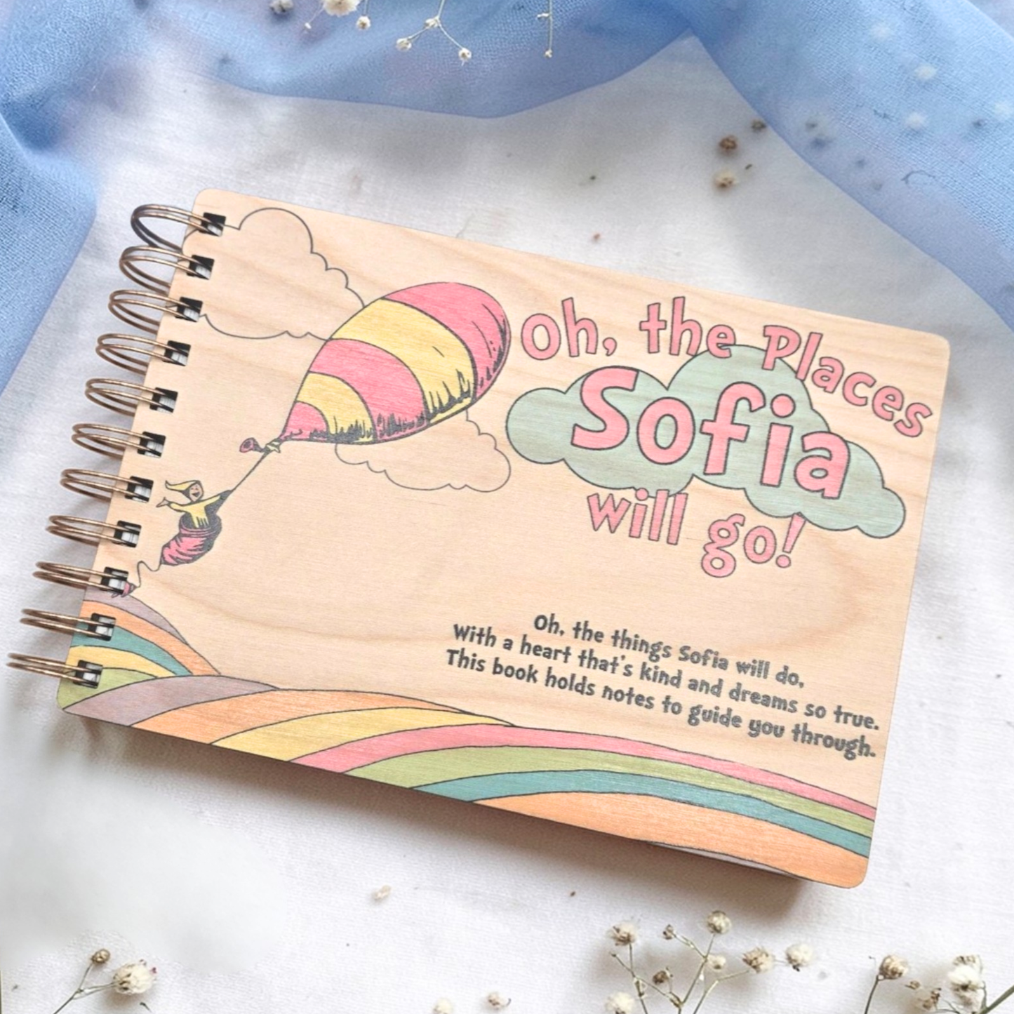 Kids Balloon Memory Book Wood Spiral Keepsake Journal - Personalized Graduation Present