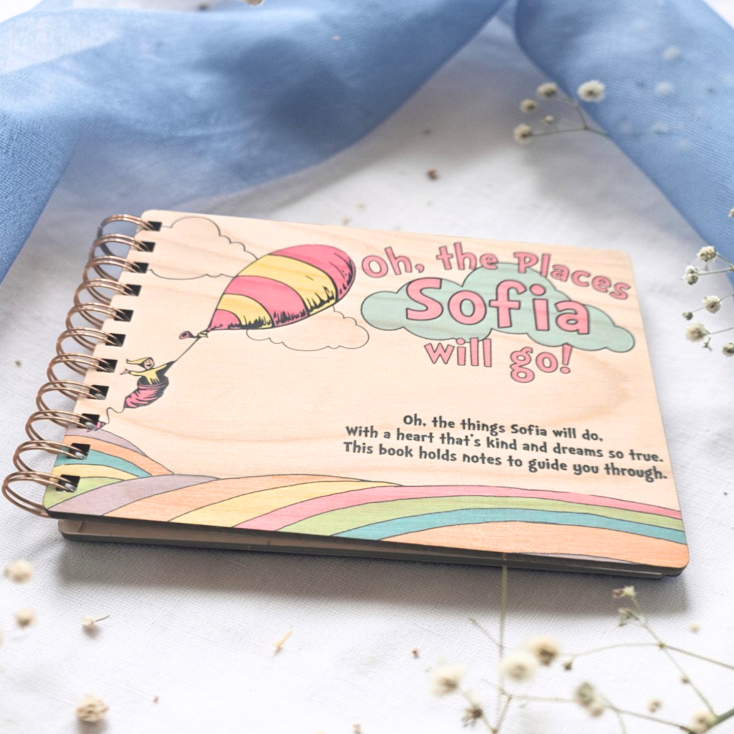 Kids Balloon Memory Book Wood Spiral Keepsake Journal - Personalized Graduation Present