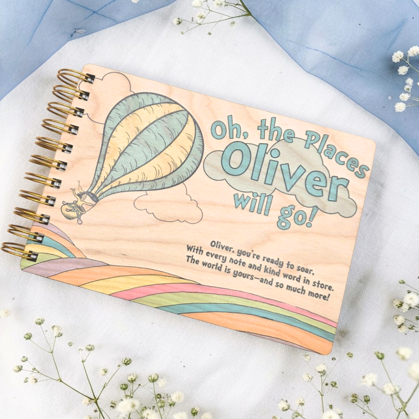 Kids Balloon Memory Book Wood Spiral Keepsake Journal - Personalized Graduation Present